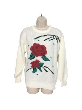 Bramble Lane Women's Small Pullover Sweater Embroidered Red Rose